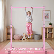 Primy Gymnastics Bar for Kids, Adjustable Height 39-61in, Steel Frame with Fiberglass Rail, Stable Triangle Base, Supports 230 lbs, Pink
