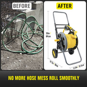 Hortem Garden Hose Reel Cart with 100FT Rubber Hose, 6FT Leader Hose, Adjustable 10-Pattern Sprayer Nozzle, Durable Metal Frame, Smooth-Rolling Wheels