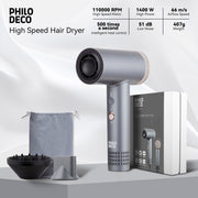 PhiloDeco YJ-710A Ionic Hair Dryer, 1400W, 110000 RPM Motor, 500 Million Negative Ions, Fast-Drying with Diffuser & Nozzle, Lightweight Gray