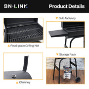 BN-LINK Barrel Charcoal Grill Outdoor Portable BBQ Grill & Smoker Combo with Built-In Thermometer, Foldable Side Shelf, 320 Sq. In. Cooking Area, Black, CP-C937
