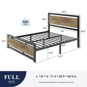 Allewie Brown Full Size Heavy Duty Platform Bed Frame w/Modern Wooden Headboard & Square Frame