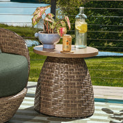 Beautiful BE5636225828008 Wicker Outdoor Side Table with Faux Wood Top by Drew Barrymore, Brown