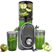 Pukomc Slow Juicer, 300W Cold Press Juice Press with 5.3 in Wide Feed Chute, One-Touch Operation, Auto Stop, Reverse Function, Easy Clean, Includes Juice and Pulp Cups, Silver Gray MP802K-gray