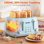 NICWIN WT340 4 Slice Toaster, Extra Wide Slots Bread Toaster, Blue