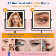 Ruacq 290-B Rechargeable Makeup Mirror, 4000mAh Battery, Lighted Vanity Mirror with 1X/10X Magnification, 3 Adjustable Color Lights, Brightness Control, Height Adjustable, 360 Rotation, Matte Black