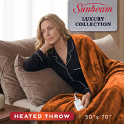 Sunbeam Heated Electric Luxe Plush Throw Blanket, Luxury Collection, Gingerbread, 50 x 70 in, 4 Heat Settings