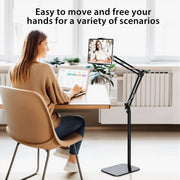 Hanru Tablet Floor Stand, Height Adjustable to 69 in, 360 Rotatable, Arm Stretchable Holder for 4 to 12.9 in Devices, Black
