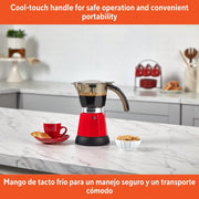 Imusa Electric Espresso Coffee Maker, 3 or 6 Cup Capacity, Red, Cool-Touch Handle, Detachable Base, GAU-18235