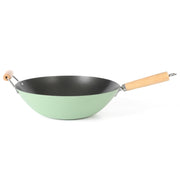Martha Stewart Everyday Clarkston 14-Inch Sage Carbon Steel Wok with Nonstick Interior and Beech Wood Handles