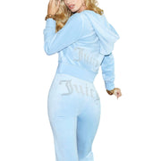 VoyageMartZenithTrend Womens Casual Tracksuit Two Piece Set, Zip-Up Hooded Jacket, Flare Pants, Soft Velour, Light Blue, S-XL