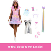 Mattel Barbie Fun & Fancy Fashion Doll, Brunette with 8.5-Inch Extra-Long Hair, 2 Outfits, 10 Styling Accessories
