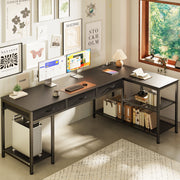 Amadwell 55 Inch L Shaped Computer Desk with Built-In Power Outlets, USB and Type-C Ports, 3 Fabric Drawers, Mesh Shelves, Black