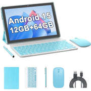 IWEGGO 10 Inch Android 15 Tablet, 1.8GHz Quad-Core Processor, 12GB RAM, 64GB Storage Expandable to 1TB, 1280x800 IPS HD Display, Bluetooth Keyboard, Wireless Mouse, Stylus, Protective Case, 8MP Rear Camera, 6000mAh Battery