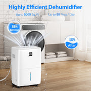 Aootek Whole House Dehumidifier, 80 Pints/Day Moisture Removal, 5000 Sq Ft Coverage, 1.06 Gal Tank with Drain Hose, Smart Humidity Control, Quiet Operation, Timer, White, DO25