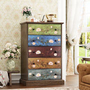 Homfa Homfa 5 Drawer Vertical Dresser Boho Wood Storage Cabinet with Flower Pattern