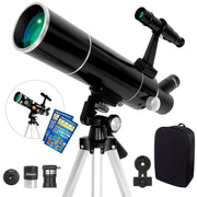 Meezaa 80mm Aperture Refractor Telescope Kit, 500mm Focal Length, 20x-150x Magnification, Black - Aluminum Tripod