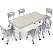 Arlopu KT-TC05 Sturdy Kids Table and 6 Chairs Set, HDPE Toddler Study Activity Table Set with Graffiti Tabletop, Adjustable Height, Gray