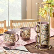 Better Homes & Gardens Edith Vine Stoneware Coffee Mug Set, Vintage Floral Design, 14 oz, 5-Piece with Metal Storage Rack