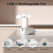 JISULIFE Portable Mini Handheld Fan 3-in-1 Rechargeable with Power Bank and LED Flashlight, Foldable Design, 19-Hour Runtime, White