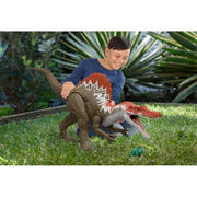 Jurassic World Super Colossal Spinosaurus Dinosaur Figure, 36 in Long, Interactive Stomach Compartment, Includes Mini Velociraptor and Triceratops
