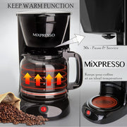 Mixpresso 12 Cup Drip Coffee Maker, Borosilicate Glass Carafe, Reusable Filter, Auto-Off, Anti-Drip System, Water Level Window, Black
