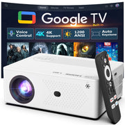 FRESHDEW Smart Projector, Native 1080P Full HD with 4K Support, AI Voice Control, WiFi 6, Bluetooth 5.2, Electric Focus, Auto Keystone, White, Bundled with Google TV Stick V05