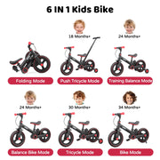 JMMD Toddler Bike, 6-in-1 Foldable Balance Bike with Push Handle, Training Wheels, Adjustable Seat and Handbrake, 12-Inch Wheels, Black, S900Black