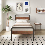 Lutown-Teen Twin XL Bed Frame, 12 Inch Metal Platform with Mahogany Wood Headboard and Footboard, Supports 1500 lb, No Box Spring Needed, Easy Assembly