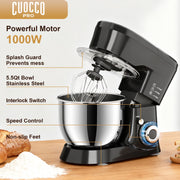 CUOCCO PRO Stand Mixer, 1000W Pure Copper Motor, 5.5-Quart Stainless Steel Bowl, 11 Speeds with Pulse, Tilt-Head, Dishwasher Safe Attachments, Black