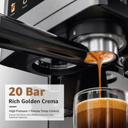 LifeImpree Espresso Machine with Grinder, 20 Bar Pressure, 1550W Fast Heating, Powerful Milk Frother Steam Wand, 30 Grind Settings, Portafilter for Capsules, Silver, CM7207CB