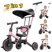 JoyStone JS1063 7 in 1 Foldable Toddler Tricycle with Adjustable Canopy, Detachable Backrest, Adjustable Seat Pink