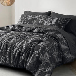 PHF 7 Pieces Queen Comforter Set Lightweight Reversible Botanical Bedding Black