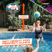 AND1 Adjustable Poolside Basketball Hoop, 27-Inch Shatterproof Backboard, All-Weather Frame, Fillable Base, Blue, 5A1BB0375N0L2