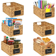 Vasgor Natural Water Hyacinth Woven Storage Basket Set, Rectangular, 12 in x 9 in x 6 in, Off-White, 6 Pack, Built-in Handles with Chalkboard Label