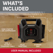 Schumacher Electric 1000A Car Battery Jump Starter and Portable Power Station with 120-PSI Air Compressor, USB Charging, Black, SJ1691