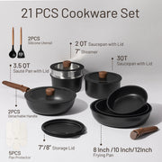 Carote A14612 21-Pieces Nonstick Cookware Set, Pots and Pans Set with Detachable Handles, Black