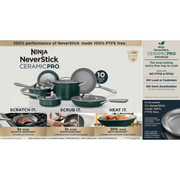 Ninja CW38000GN Ceramic Pro 10-Piece Cookware Set, Aluminum and Stainless Steel, Non-Stick Set, Glass Lids, Stove to 550F Oven Safe, Dishwasher Safe, Green