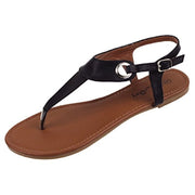 Shoes8teen 2207-BLACK-7 Womens Roman Gladiator Sandals Flats Thongs with Adjustable Buckle, Black, Size: 7