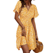 UVN Summer Dress for Women, A-Line Midi, V-Neck Wrap, Ruffle Short Sleeve, Boho Floral Print, Yellow