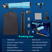 QUNSE 9032Refractor Telescope, 80mm Aperture, 500mm Focal Length, 20X-150X Magnification, Aluminum Tripod, Smartphone Adapter, Backpack