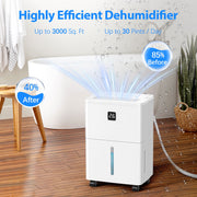 Aootek MAX 30-Pints Dehumidifier, White, 3000 Sq. Ft Coverage, 0.6 Gal Tank, Humidity Control, Timer, Drain Hose, D05