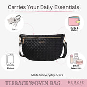 Kedzie Terrace Woven Crossbody Bag, Adjustable Strap, Lightweight Compact Everyday Shoulder Purse, Black, KDZTC-BLK