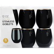 PLASTICPRO Disposable Stemless Wine Glasses, 12 Oz, Black and Gold Rim, Pack of 6, BPA-Free Shatterproof Plastic Cups