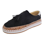 WNVMWI Womens Slip On Loafers Flat Heel Black Casual Sneakers with Hollow-Out Fringe, Rubber Sole