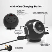 Monster 10-in-1 Charging Sphere Desktop Charging Station with Qi2 Magnetic Wireless Charging, 3 AC Outlets, 2 USB-C Ports, 2 USB-A Ports, Apple Watch and AirPods Charging Pads, 100W Total Output, Black, MWS8-1010-BLK