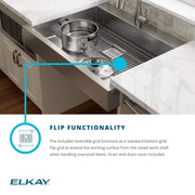 Elkay Dart Canyon Farmhouse Kitchen Sink, Single Bowl, 29-7/8 in Length, 27-1/4 in Width, 9 in Depth, Polished Satin Stainless Steel, ADA Workstation, ELDSSF30279DBG