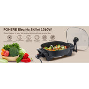 FOHERE 12 Inch Deep Non-Stick Electric Skillet with Tempered Glass Lid, 1360W, Black