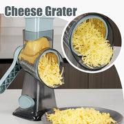 FANGNISN Cheese Shredder Rotary Grater with Handle, 3 Interchangeable Stainless Steel Blades, Strong Suction Base, Grey Blue, 9 in