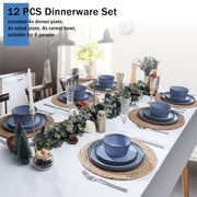 Onader Stoneware Dinnerware Set, 12 Piece, Speckled Gray and Blue, Round Plates and Bowls, Microwave and Dishwasher Safe, 4 Person Service