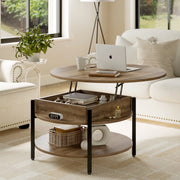 DOVEAID Round Lift Top Small Coffee Table with Storage Modern Farmhouse Center Table with Shelf Small Circle Table for Living Room,Light brown